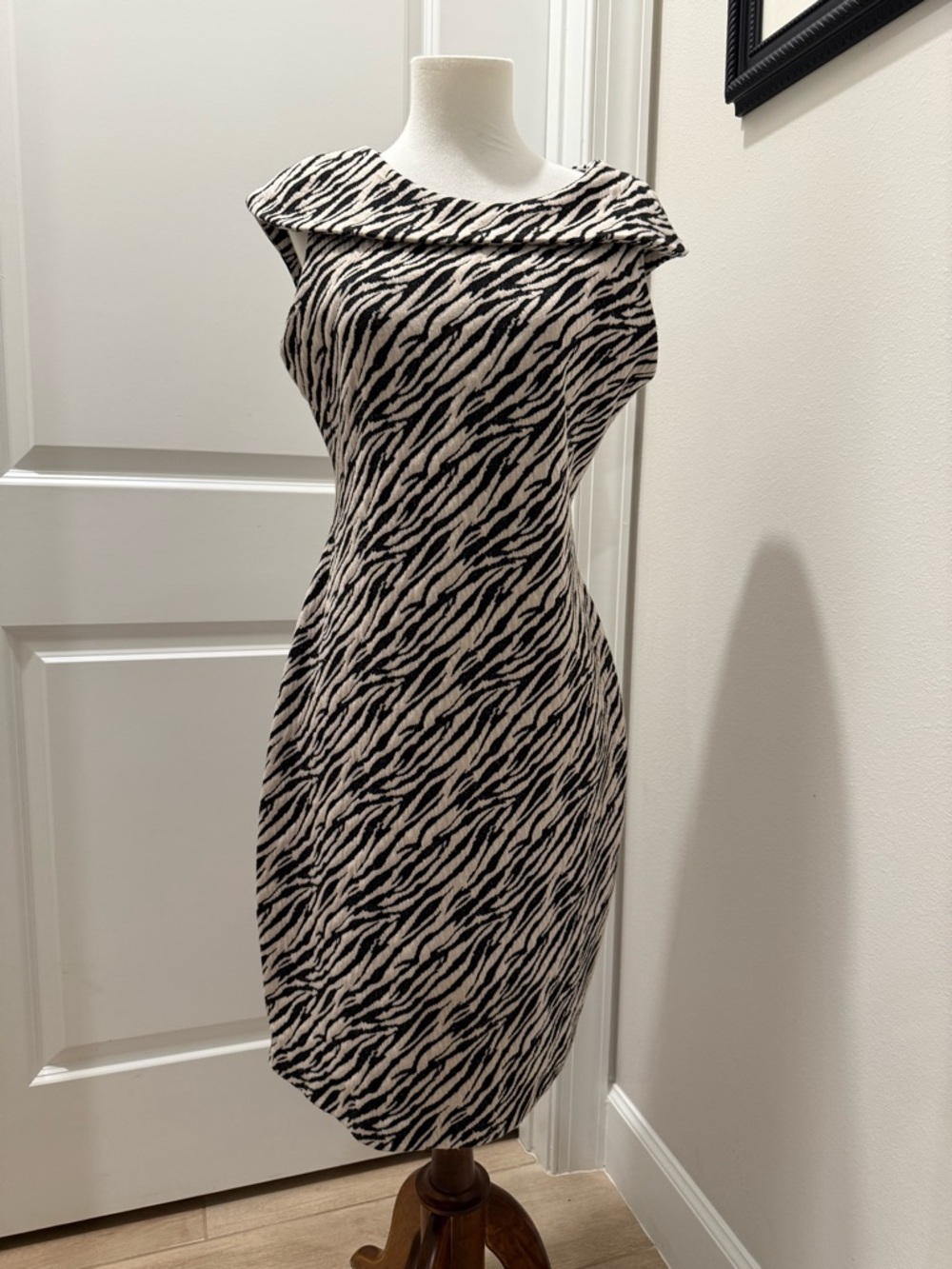 Calvin Klein Black and Cream Zebra-Print Midi Sheath Dress